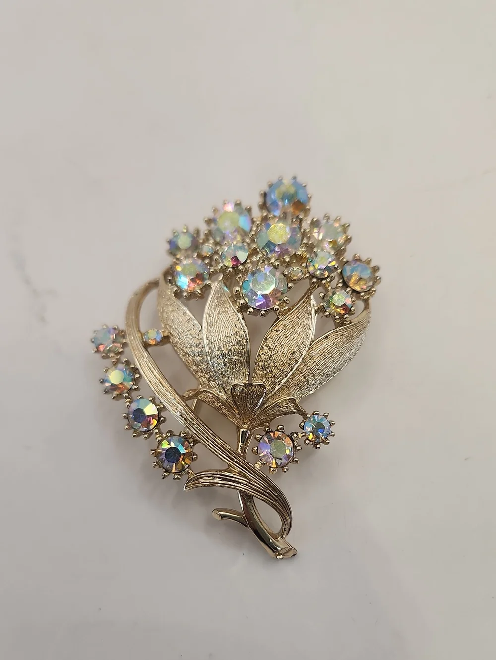 Vintage Signed CORO Brooch Silver Tone w/ Aurora Borealis Rhinestones